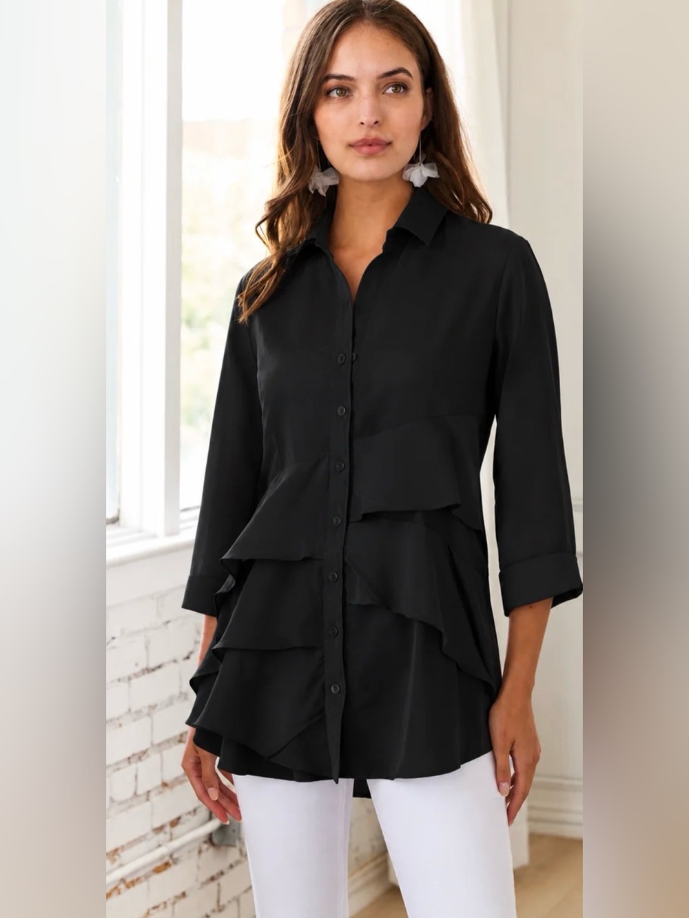 Black Ruffle Button-Down Blouse - Women
